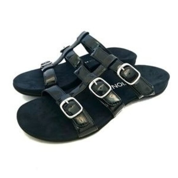 Vionic Sz 10 Black Patent Leather Slide Sandals With Adjustable Buckles - Picture 1 of 8